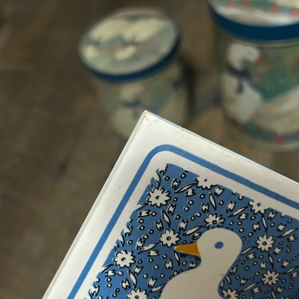 Vintage Country Goose Kitchen Set 2 Metal Tins and 1 Ceramic Trivet Blue Ribbon